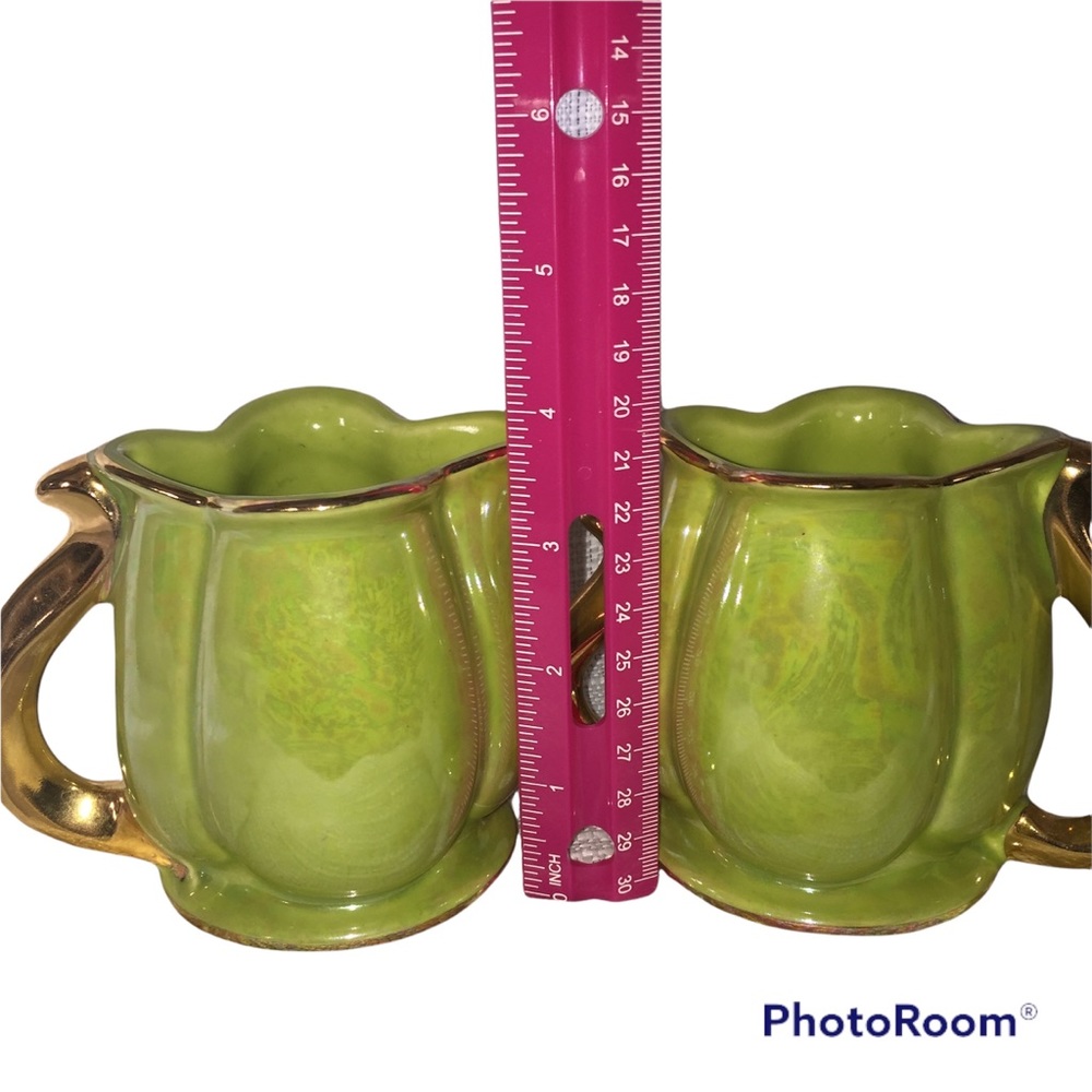 Vintage Pearl Co Teapot Set 22 kt Gold Green Luster Creamer Sugar USA - Picture 10 of 13